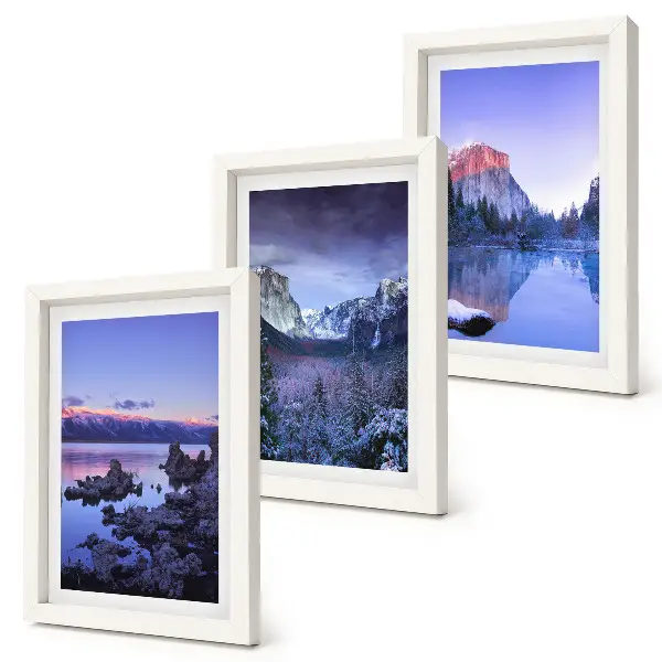 Conjunto de quadros com imagens paisagens montanhosas ao entardecer com vista para a água