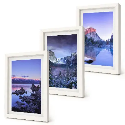 Conjunto de quadros com imagens paisagens montanhosas ao entardecer com vista para a água
