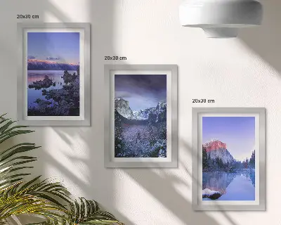Conjunto de quadros com imagens paisagens montanhosas ao entardecer com vista para a água