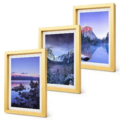 Conjunto de quadros com imagens paisagens montanhosas ao entardecer com vista para a água