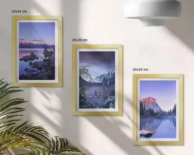 Conjunto de quadros com imagens paisagens montanhosas ao entardecer com vista para a água
