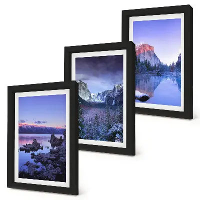 Conjunto de quadros com imagens paisagens montanhosas ao entardecer com vista para a água