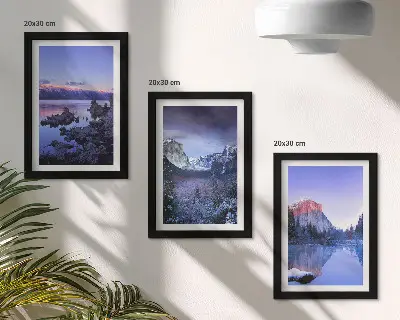 Conjunto de quadros com imagens paisagens montanhosas ao entardecer com vista para a água