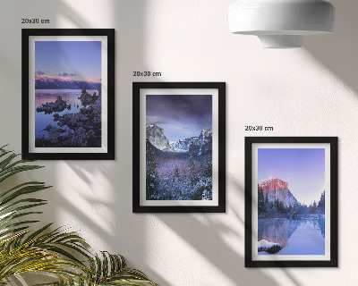 Conjunto de molduras com imagens Paisagens montanhosas ao entardecer, vistas para a água.