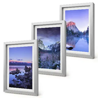 Conjunto de quadros com imagens paisagens montanhosas ao entardecer com vista para a água