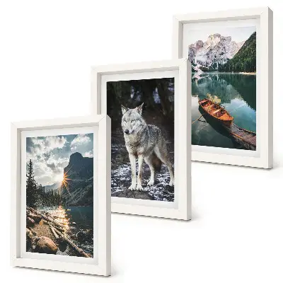Conjunto de 3 quadros decorativos com temática de montanhas, lagos e lobo em ambiente natural