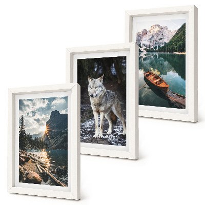 Conjunto de 3 quadros decorativos Montanhas, lagos e um lobo em um ambiente natural.