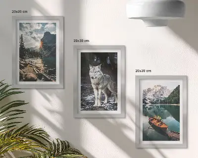 Conjunto de 3 quadros decorativos com temática de montanhas, lagos e lobo em ambiente natural
