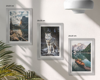 Conjunto de 3 quadros decorativos Montanhas, lagos e um lobo em um ambiente natural.