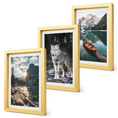 Conjunto de 3 quadros decorativos com temática de montanhas, lagos e lobo em ambiente natural