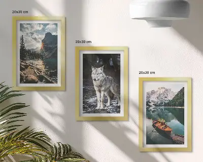 Conjunto de 3 quadros decorativos com temática de montanhas, lagos e lobo em ambiente natural