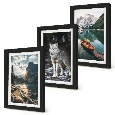 Conjunto de 3 quadros decorativos com temática de montanhas, lagos e lobo em ambiente natural
