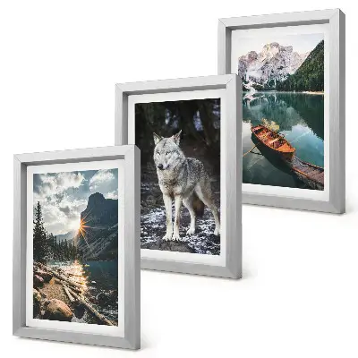Conjunto de 3 quadros decorativos com temática de montanhas, lagos e lobo em ambiente natural