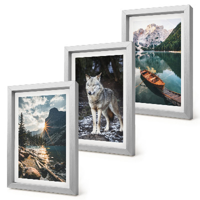Conjunto de 3 quadros decorativos Montanhas, lagos e um lobo em um ambiente natural.