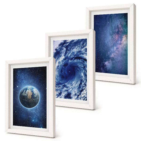 Conjunto de molduras com imagens A Terra no espaço, tempestade e galáxia de estrelas