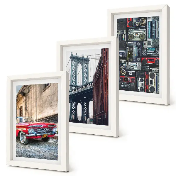 Conjunto de 3 quadros decorativos com estampa de carro antigo próximo à Ponte do Brooklyn e equipamentos de áudio retrô