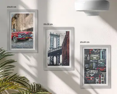 Conjunto de 3 quadros decorativos com estampa de carro antigo próximo à Ponte do Brooklyn e equipamentos de áudio retrô