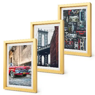 Conjunto de 3 quadros decorativos com estampa de carro antigo próximo à Ponte do Brooklyn e equipamentos de áudio retrô