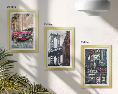 Conjunto de 3 quadros decorativos com estampa de carro antigo próximo à Ponte do Brooklyn e equipamentos de áudio retrô