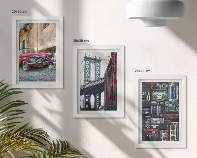 Conjunto de 3 quadros decorativos com estampa de carro antigo próximo à Ponte do Brooklyn e equipamentos de áudio retrô