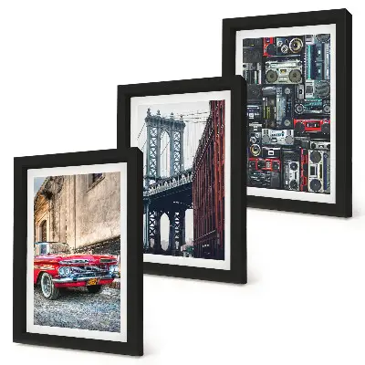 Conjunto de 3 quadros decorativos com estampa de carro antigo próximo à Ponte do Brooklyn e equipamentos de áudio retrô