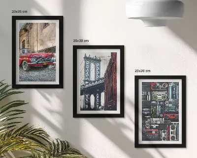 Conjunto de 3 quadros decorativos com estampa de carro antigo próximo à Ponte do Brooklyn e equipamentos de áudio retrô