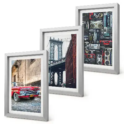 Conjunto de 3 quadros decorativos com estampa de carro antigo próximo à Ponte do Brooklyn e equipamentos de áudio retrô