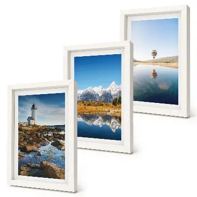 Conjunto de quadros decorativos vistas da natureza com farol, montanhas, lago e balão