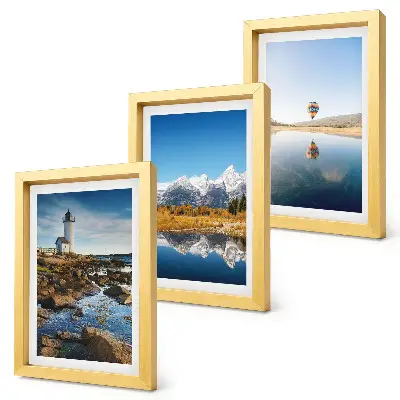 Conjunto de quadros decorativos vistas da natureza com farol, montanhas, lago e balão