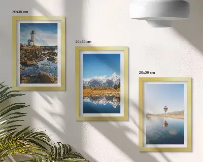 Conjunto de quadros decorativos vistas da natureza com farol, montanhas, lago e balão