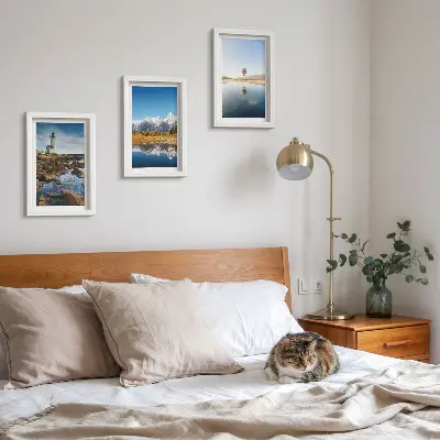 Conjunto de quadros decorativos vistas da natureza com farol, montanhas, lago e balão