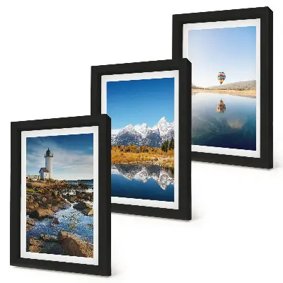 Conjunto de quadros decorativos vistas da natureza com farol, montanhas, lago e balão