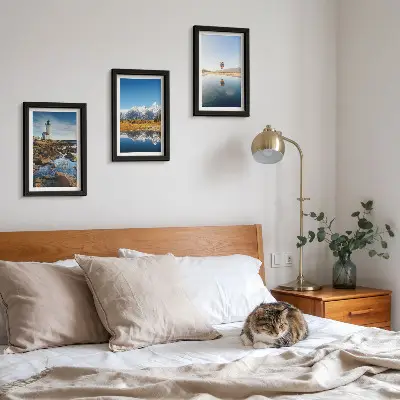 Conjunto de quadros decorativos vistas da natureza com farol, montanhas, lago e balão