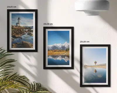 Conjunto de quadros decorativos vistas da natureza com farol, montanhas, lago e balão