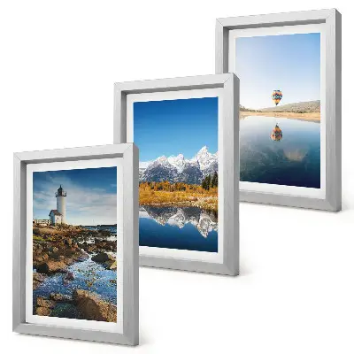 Conjunto de quadros decorativos vistas da natureza com farol, montanhas, lago e balão