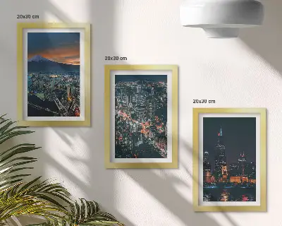 Conjunto de 3 quadros decorativos vista da cidade à noite com arranha-céus ao fundo