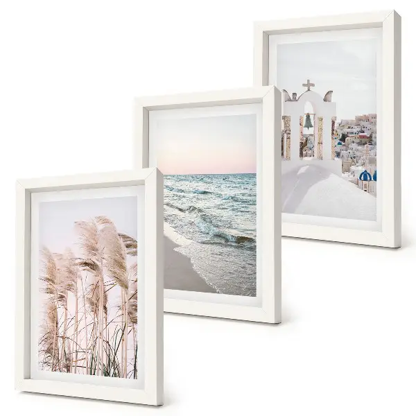 Tríptico com moldura plantas litorâneas, ondas do mar e vista de casas brancas
