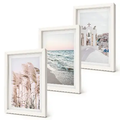 Tríptico com moldura plantas litorâneas, ondas do mar e vista de casas brancas