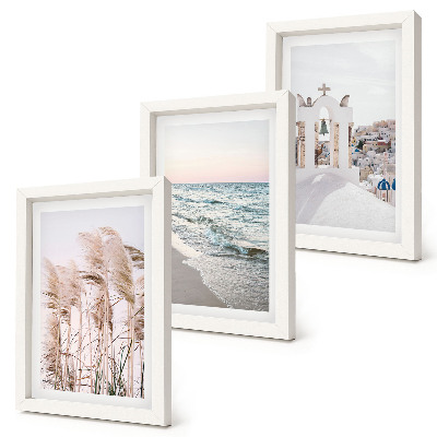 Tríptico com moldura Plantas litorâneas, ondas do mar, vista de casas brancas