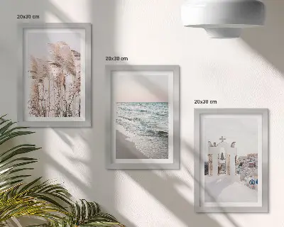 Tríptico com moldura plantas litorâneas, ondas do mar e vista de casas brancas