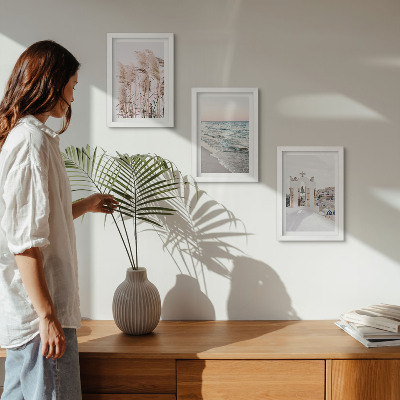 Tríptico com moldura Plantas litorâneas, ondas do mar, vista de casas brancas