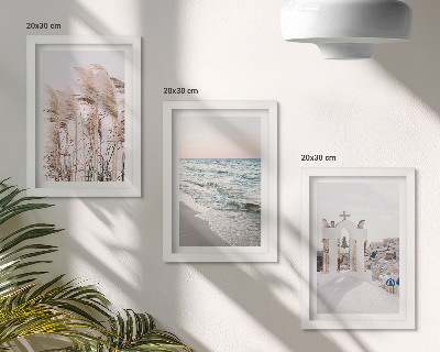 Tríptico com moldura Plantas litorâneas, ondas do mar, vista de casas brancas