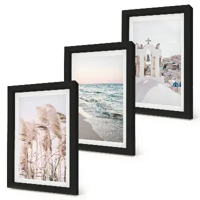 Tríptico com moldura plantas litorâneas, ondas do mar e vista de casas brancas