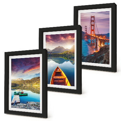 Conjunto de 3 quadros decorativos Vista para as montanhas com lagos, barcos e uma ponte.
