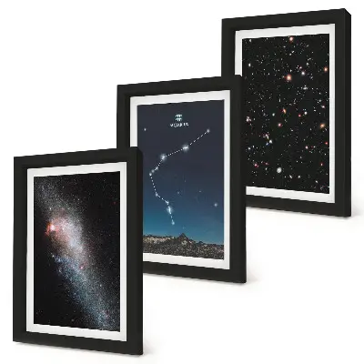 Tríptico com moldura quadro decorativo de signo do zodíaco com tema espacial galáctico de Aquário