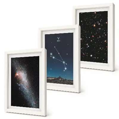 Conjunto de 3 quadros decorativos com paisagens cósmicas de galáxias e constelações do signo de Áries