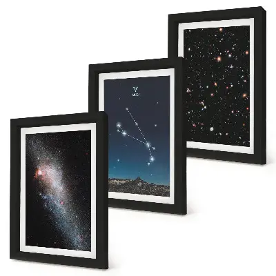 Conjunto de 3 quadros decorativos com paisagens cósmicas de galáxias e constelações do signo de Áries