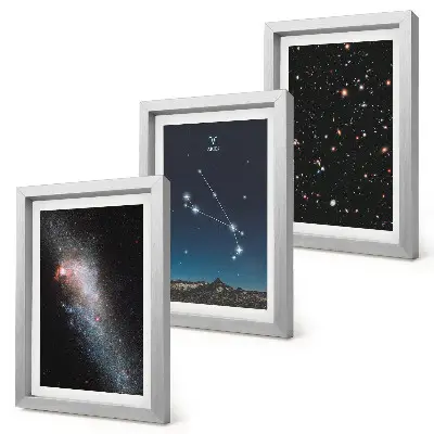 Conjunto de 3 quadros decorativos com paisagens cósmicas de galáxias e constelações do signo de Áries