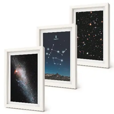 Tríptico com moldura estampa de signo de Gêmeos com tema de galáxia e estrelas