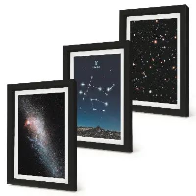 Tríptico com moldura estampa de signo de Gêmeos com tema de galáxia e estrelas